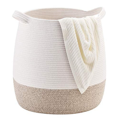 Large 17 x 17 Inches Decorative Woven Cotton Rope Blanket Basket for Living Room, Laundry Basket Hamper, Storage Baskets with Handles for Toys, Throws, Pillows, Towels, Shoes, Brown