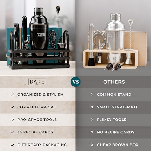 BARE BARREL® Mixology Bartender Kit Bar Set | 14-Piece Cocktail Shaker Set | Martini Barware Mixing Tools for Home Bartending | 35 Recipe Cards | Gift Set (24oz Cobbler Shaker, Jet Black/Black) - color: Jet Black/Black