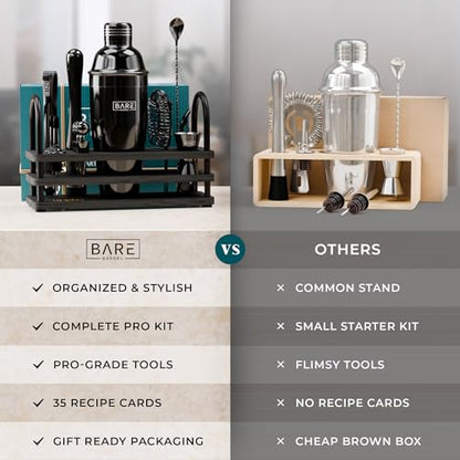 BARE BARREL® Mixology Bartender Kit Bar Set | 14-Piece Cocktail Shaker Set | Martini Barware Mixing Tools for Home Bartending | 35 Recipe Cards | Gift Set (24oz Cobbler Shaker, Jet Black/Black) - color: Jet Black/Black
