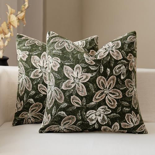 FIOUOVO Floral Throw Pillow Covers 18x18 Set of 2 Farmhouse Pillow Covers Vintage Neutral Accent Pillowcases Decorative Cushion Covers for Sofa Couch Living Room Bedroom Home Decor, Olive Green - color: Olive Green, size: 18" x 18" (Pack of 2)