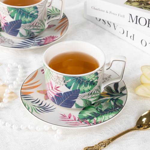 KAMMAK Tea Cups and Saucers Set of 2, Porcelain Coffee Cups, NX024 | Gold Rim, Stackable Espresso Mugs, Ceramic Demitasse for Coffee, Latte, Americano, Afternoon Tea, Elegant Gift for Women - size: 8CZNX024