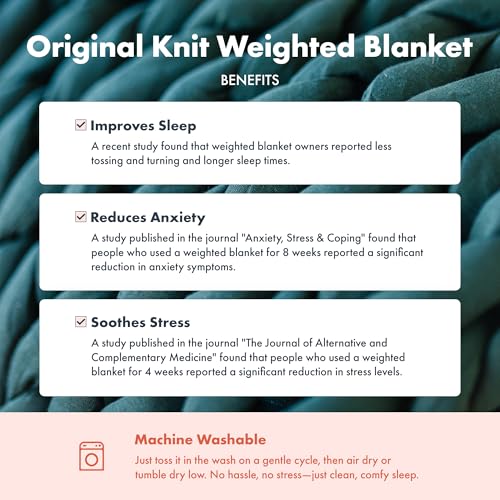 Chunky Knit Blanket - Breathable, Cooling, Hand Made Knit Throw Blanket for Sleep - Machine Washable, Stylish Decor Design (Dusty Blue, Throw | 12lbs | 44"x60") | Soft jersey-knit Dusty Blue shell, 100% recycled hypoallergenic fill. Cooling weighted blank