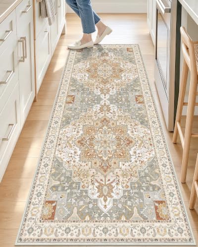 OLANLY 2x6 Washable Runner Rug, Soft Non Slip Carpet for Hallway Kitchen | Beige Boho Vintage Floral Medallion Farmhouse Rug, Spill & Stain Resistant Low Pile, for Entryway Laundry Room Office Bedroom - color: Beige, size: 2' x 6' (Runner)
