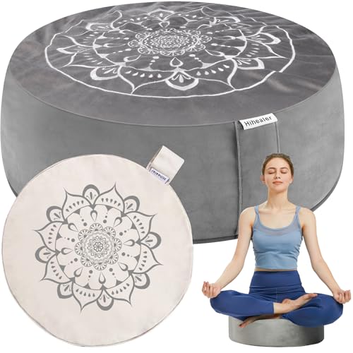 Hihealer Meditation Cushion, Traditional Tibetan Meditation Pillow Velvet Cover - Large Floor Cushion Seating for Adults - Yoga Buckwheat Bolster for Women、Moms - color: Calmly Grey & White