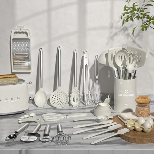 Kitchen Utensils Set-Umite Chef 34 Pcs Silicone Cooking Utensils Set for Nonstick Cookware-Silicone Spatulas Set, Stainless Steel Handle-White Kitchen Gadgets Tools, Pots and Pans Accessories - color: White