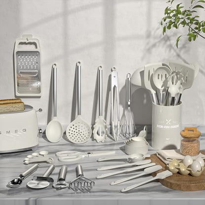 Kitchen Utensils Set-Umite Chef 34 Pcs Silicone Cooking Utensils Set for Nonstick Cookware-Silicone Spatulas Set, Stainless Steel Handle-White Kitchen Gadgets Tools, Pots and Pans Accessories - color: White