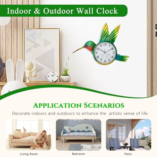 Large Outdoor Clock with Thermometer & Humidity | Silent Non-Ticking, Hummingbird Outdoor Wall Clock for Patio, Garden, Kitchen, Living Room, Green - style: Hummingbird-Green