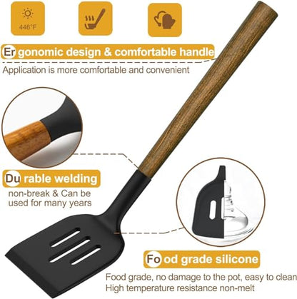 Silicone Cooking Utensil Set, Umite Chef 8-Piece Kitchen Utensils Set with Natural Acacia Wooden Handles,Food-Grade-Silicone Kitchen Gadgets Spatulas Set for Nonstick Cookware- Black - color: Black