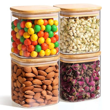 ComSaf Square Glass Containers with Lids 0.7 Qt, Set of 6 Pantry Galss Jars | Glass Storage Containers with Lids, Small Canisters, Spice Jar, Bamboo Lid with Silicone Seal, Size For Subpackage, BPA Free - size: 0.7Qt*4