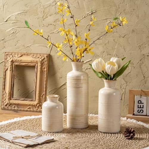Ceramic Vases Set of 3, Minimalist Decorative Flower Vases for Farmhouse Home Decor, Table Shelf Mantel, Living Room, Entryway, Kitchen Centerpiece – Minimalist Neutral