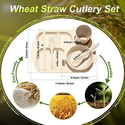 Honoson 24 Pcs Wheat Straw Dinnerware Cutlery Set, Service for 4, Unbreakable Plates and Bowls Set - Divided Plates, Bowls, Spoons, Forks & Knives, Microwave & Dishwasher Safe(Beige) - color: Beige