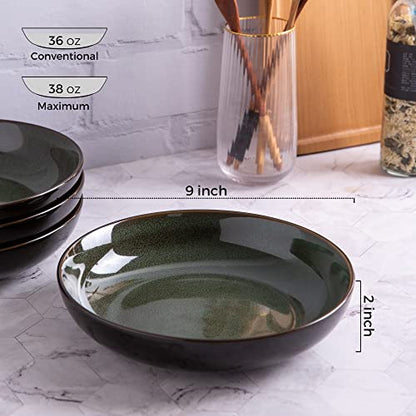 LERATIO 9.0" Ceramic Pasta Bowls Set of 4,38oz Large Stoneware Bowls Set | Reactive Glaze Serving Bowls Set,Wide Bowl for Pasta,Salad,Fruit & Noodles,Housewarming & Wedding Gift-Green - color: Green, size: Set of 4