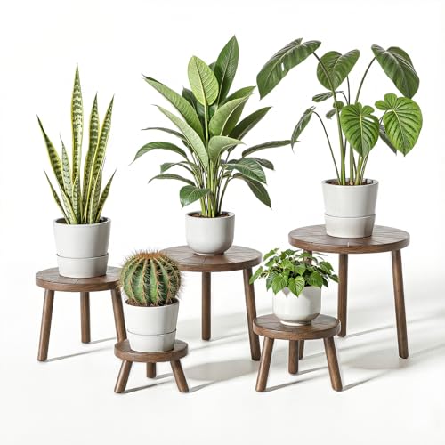 Wood Plant Stands 5-Pack Indoor, Plant Stool, Dark Brown | Premium carbonized pine with moisture-resistant, burr-free finish, Snap together in 60 seconds, no tools needed - color: Dark Brown, size: 5-Pack