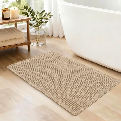 JIUZHEN Waffle Bath Mat Rug Super Absorbent Bath Mats for Bathroom Mat Non Slip Bathmat Machine Washable Soft Bathroom Rugs with Tassels Dry Fast Bath Rugs for Floor, 20" x 32", Strip-Brown - color: Strip-brown, size: 1'8" x 2'8" (Rectangular)