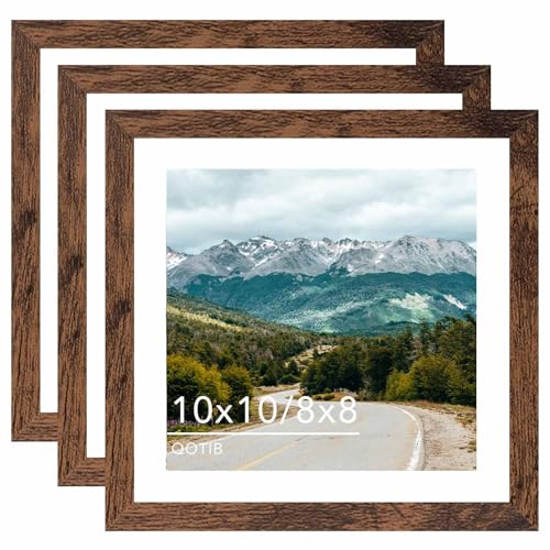 Wood 10x10 Picture Frame with 8x8 Mat, Display 8x8 with Mat or 10x10 Without Mat, Wood 10 by 10 Photo Frame, 10 x 10 Frame for Wall Hanging Display, Deep Brown, 3 Pack - size: 10x10 inch