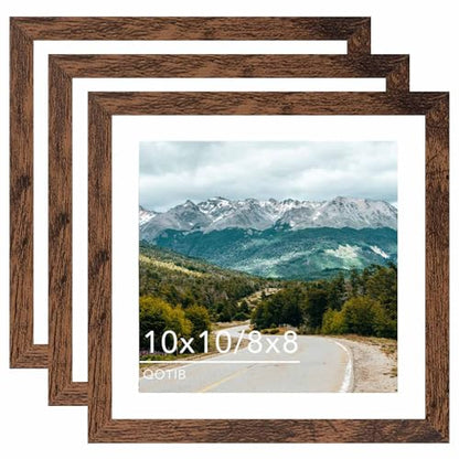 Wood 10x10 Picture Frame with 8x8 Mat, Display 8x8 with Mat or 10x10 Without Mat, Wood 10 by 10 Photo Frame, 10 x 10 Frame for Wall Hanging Display, Deep Brown, 3 Pack - size: 10x10 inch