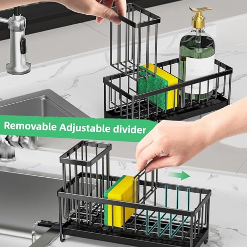 Sponge Holder for Kitchen Sink - Sink Caddy with Brush Holder Auto Draining Sponge Caddy Organizer with Divider Stainless Steel Kitchen Accessories Storage for Countertop
