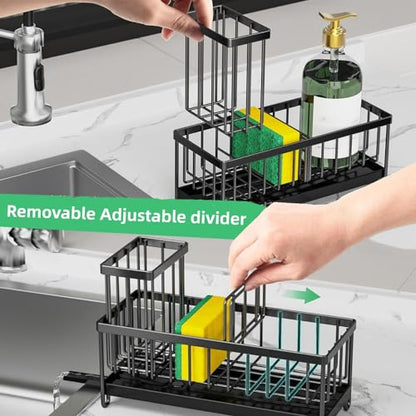 Sponge Holder for Kitchen Sink - Sink Caddy with Brush Holder Auto Draining Sponge Caddy Organizer with Divider Stainless Steel Kitchen Accessories Storage for Countertop