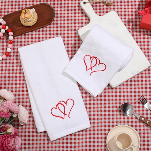 Valentines Day Hand Towels 100% Cotton Embroidered Red Heart Decorative Bathroom Kitchen Dish Towels Set Gift Set of 2 14x29 inch - color: Va.red Love
