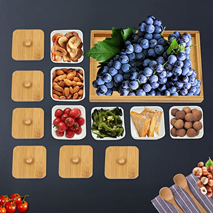 Ceramic Divided Serving Dishes with Bamboo Platter, 6 Piece Ceramic Snack Serving Tray&Fruit Tray, Platter Fruit Candies Condiments Food Bowls, with Wooden Serving Tray and Lids, for serving fries