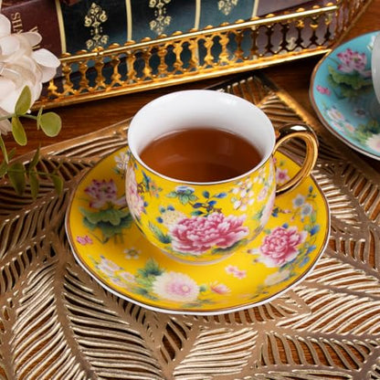 KAMMAK Tea Cup and Saucer, Ceramic Coffee Cups, 7.1 oz, Set of 2 | Porcelain Tea Cups with Saucers for Coffee and Cappuccino, Ideal for Breakfast, Afternoon Tea and Entertaining,940+941N - style: 940N+941N