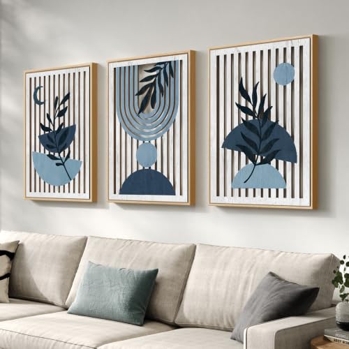 Framed Boho Cutout Carved Wood Wall Decor for Living Room, 3 Piece Mid-Century Modern Navy Blue Wooden Artwork for Walls, Large Abstract Geometric Botanical for Dining Room Hallway Wall Art, 24x36 In - color: Navy Blue