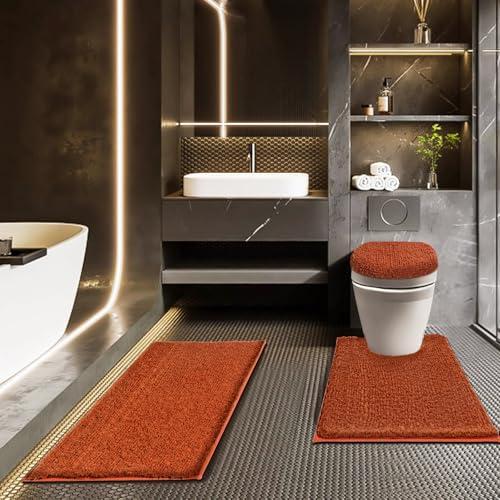 Bathroom Rugs Sets 3 Piece with Toilet Seat Cover 17.5"x 15" | Machine Washable Bath Rug Set with Tpr Non Slip Rubber Backing Solid Bath Mat Set for Luxury Bathroom Decoration - color: Burnt Orange, size: 17.5" x 15"+ 32" x 20"+ U 24" x 20"