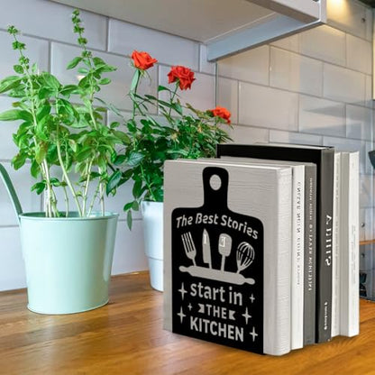 5.3"x4.3"x7.9" Metal Bookends, Heavy Duty Book Ends for Shelves | Cutting Board Theme Cast Iron Book Supports, 1 Pair Decor Stoppers for Desk, Library, Office & Home Shelves - style: Cutting Board