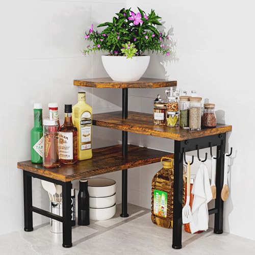 Kitchen Countertop Organizer, 3 Tier Moveable Corner Shelf Kitchen Shelf with Hook, Countertop Organizer for Bathroom, Spice Rack, Bookshelf, Coffee Area, Dresser Table (Brown) - color: Rustic Brown