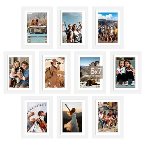 upsimples 5x7 Picture Frame Set of 10, Display Pictures 4x6 with Mat or 5x7 Without, Multi Photo Frames Collage for Wall or Tabletop Display, White | Fit 4x6 and 5 x 7 Photos, Wall or Tabletop Display, For Gallery Hallway Living Room, For Christmas Mother