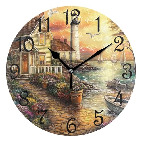 Lighthouse Seagull Sailboat Flowerpot Coastal Scene Round Wall Clock Silent Non Ticking Bathroom Clocks 10 Inch Battery Operated Clock for Kitchen Living Room Bedroom Home Decor - color: B007
