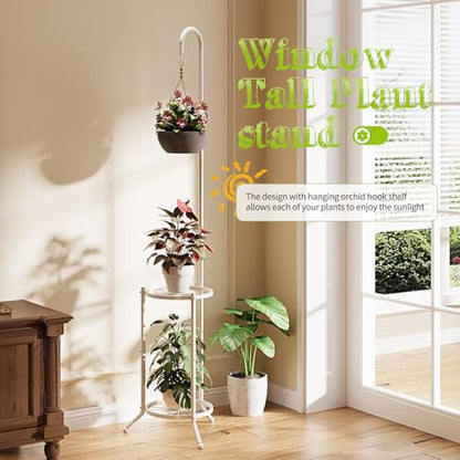 BMOSU Plant Stand with Hooks Indoor Outdoor Corner Tall Plant Stand Heavy-Duty Metal 3-Tier Plant Shelf Holder Rack for Patio Garden Balcony Living Room Bedroom(semicircular White)