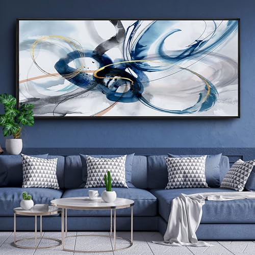 KLAKLA Extra Large Wall Art - Abstract Huge Canvas Picture Wall Decor Living Room Oversized Artwork for Walls Bedroom Office Decoration Modern Frame Wall Art - color: Blue abstract - 4, size: 70x31