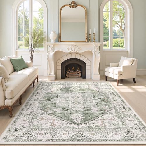 LIVEBOX Washable Area Rug 8x10 - Large Vintage Tribal Living Room Rug Oriental Rugs for Bedroom, Non-Slip Retro Medallion Carpet Print Distressed Rugs for Dining Room Home Office Sage - color: Medallion Sage, size: 8' x 10' (Rectangular)