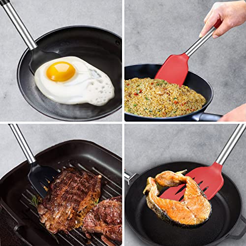 Silicone Spatula and Cooking Spoon,5 Pack Non-Stick Cooking Utensils for Kitchen，Heat Resistant Solid & Slotted Spoons and Spatulas, Stainless Steel Handle Coated with Silicone,Red - color: Red