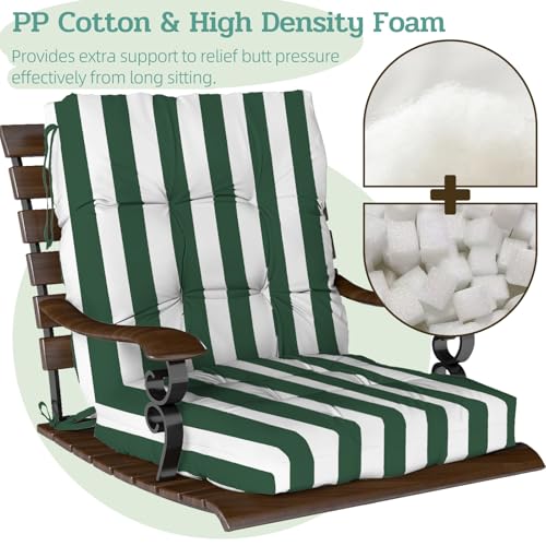 Outdoor Chair Cushions 42x21x4 Inch Set of 2, Dark Green Stripe | Patio Cushions for Dining Rocking Chairs, High Back Soft Seat Pad with Ties, Waterproof Fade Resistant, Indoor Outside Use - color: Dark Green White Stripes