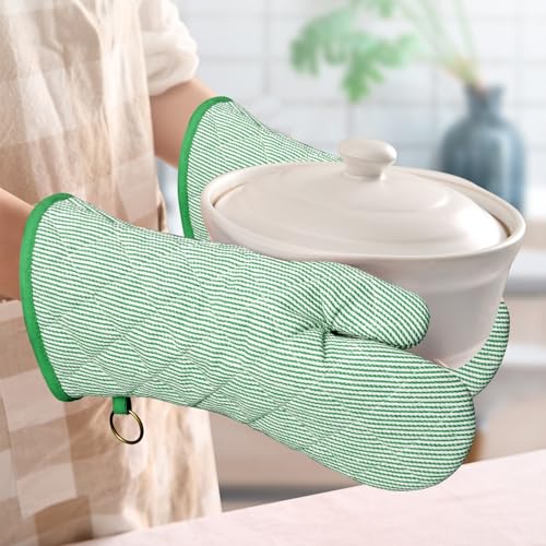 Yarn Dyed Oven Mitts 1 Pair, 100% Cotton Heat Resistant 470 Degree | Oven Gloves for Men Women Cooking Baking Barbecue BBQ Microwave Crafting Machine Washable Pot Holders Mittens (Green 2) - color: Green