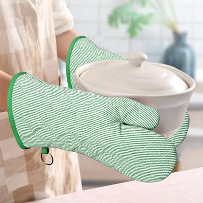 Yarn Dyed Oven Mitts 1 Pair, 100% Cotton Heat Resistant 470 Degree | Oven Gloves for Men Women Cooking Baking Barbecue BBQ Microwave Crafting Machine Washable Pot Holders Mittens (Green 2) - color: Green