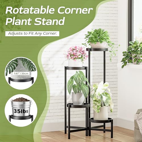 4 Tier Black Metal Foldable Corner Plant Stand w/ 7.9" Wide Tray Lg Pot - color: BlackDisk