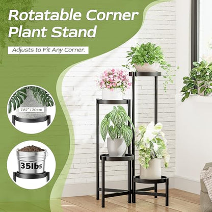 4 Tier Black Metal Foldable Corner Plant Stand w/ 7.9" Wide Tray Lg Pot - color: BlackDisk