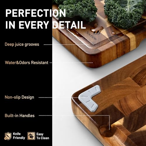 Extra Large End Grain Cutting Board for Kitchen with Non-slip Feet, Acacia Wood Heavy Duty Checkered Cutting Board with Juice Groove & Handle Handcrafted Luxury Chopping Board for Meat, Vegetables - size: 24"L x 18"W