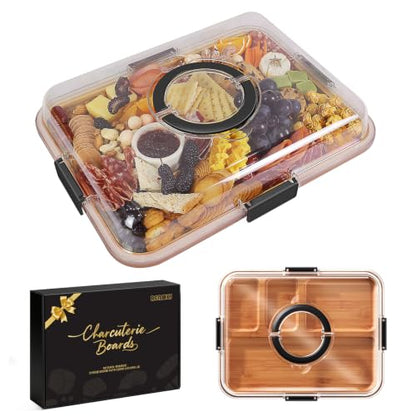 Portable Charcuterie Boards with Lid, Cheese, Veggie & Snack Tray | Clear Lid Keeps Food Fresh, Travel Portable Board for Kitchen, Picnic and Party, House Warming Gifts New Home - color: 4 Compartments Black