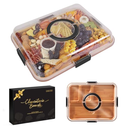 Portable Charcuterie Boards with Lid, Cheese, Veggie & Snack Tray | Clear Lid Keeps Food Fresh, Travel Portable Board for Kitchen, Picnic and Party, House Warming Gifts New Home - color: 4 Compartments Black