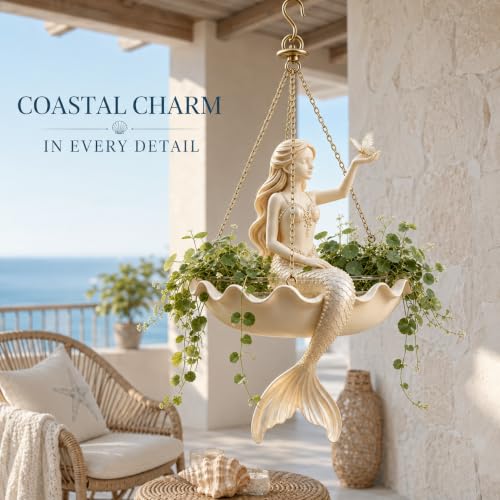 Ballet Dancer Hanging Planter, Resin Ballerina Flower Pot with Metal Chains, Small Hanging Basket for Succulents Ivy Spider Plants, Dance Teacher Appreciation Gift，Mermaid with Butterfly - color: Mermaid With Butterfly