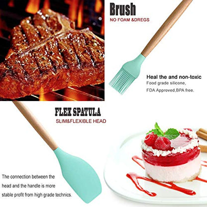 Kitchen Cooking Utensils Set, 27 pcs Non-stick Silicone Cooking Kitchen Utensils Spatula Set with Holder, Wooden Handle Heat Resistant Silicone Kitchen Gadgets Utensil Set