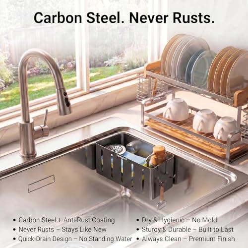 Kitchen Sink Sponge Holder, Gray (1 Pack) | Rustproof carbon steel with fast drainage holes. 2 hooks & 4 adhesive pads. No-drill square caddy for flat wall or ledge - size: Square Kitchen Sink Sponge Holder