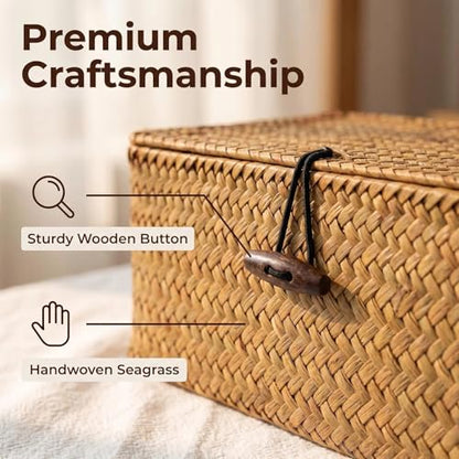 Wicker Handwoven Seagrass Storage Baskets for Organizing With Lids,boho rectangle decorative storage boxes, stackable natural rattan for Shelf,Closet,Bedroom,bathroom,three-piece set