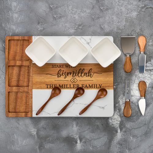 AWESOMETIK Personalized Bible Verse, Acacia Wood & Marble Charcuterie Board – Custom Engraved Cheese Board with Knife Set – Perfect Wedding & Housewarming Gift - Christian Wedding Gift