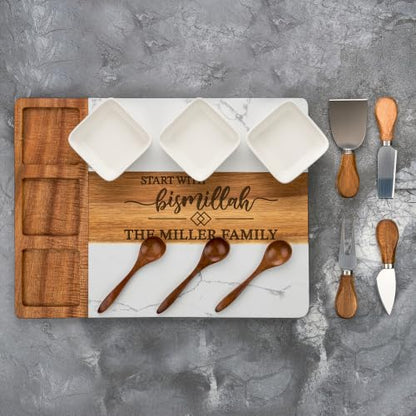 AWESOMETIK Custom Acacia Wood & Marble Charcuterie Board – Personalized Engraved Cheese Board with Knife Set – Perfect Wedding & Housewarming Gift