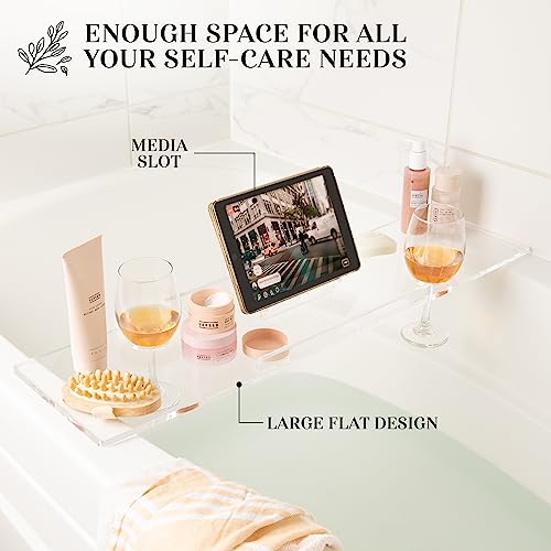 34" Supreme Plus- Luxury Bathtub Tray Caddy- 3/8" Thick, Clear Bath Tub Tray Table for 1 or 2 Bathers, Acrylic Bathtub Caddy, iPad and 2 Wine Glass Holders (Supreme Plus, 34") - size: 34" x 9" x 1.5"
